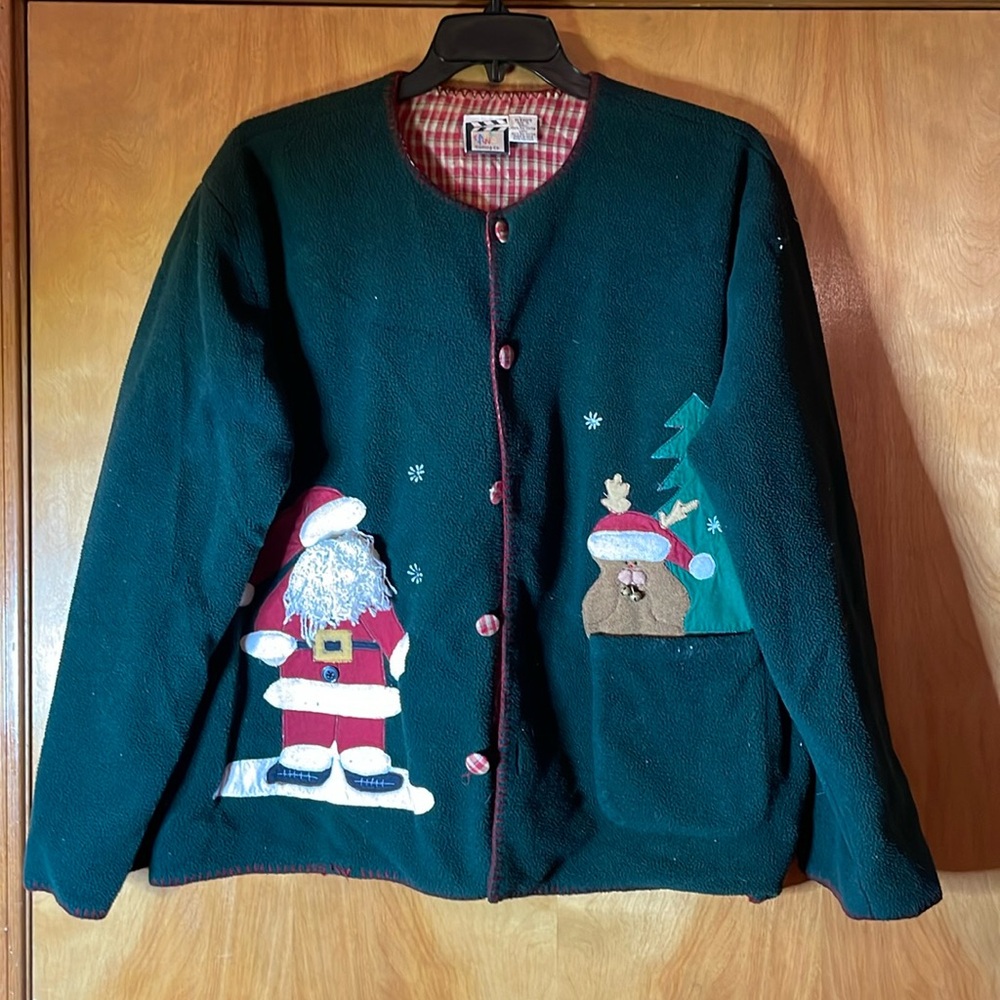 Vintage Take Two Christmas Holiday Fleece Cardigan with Pocket